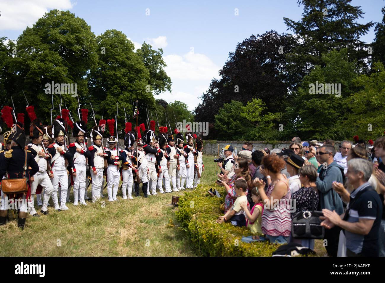 People dressed in period costumes take part in a reconstitution of the Napoleonic era, focused around the Prince Joachim Murat, in the Castle of Montigny-le-Gannelon in Cloyes-les-Trois-Rivieres on May 28, 2022. Photo by Raphael Lafargue/ABACAPRESS.COM Stock Photo