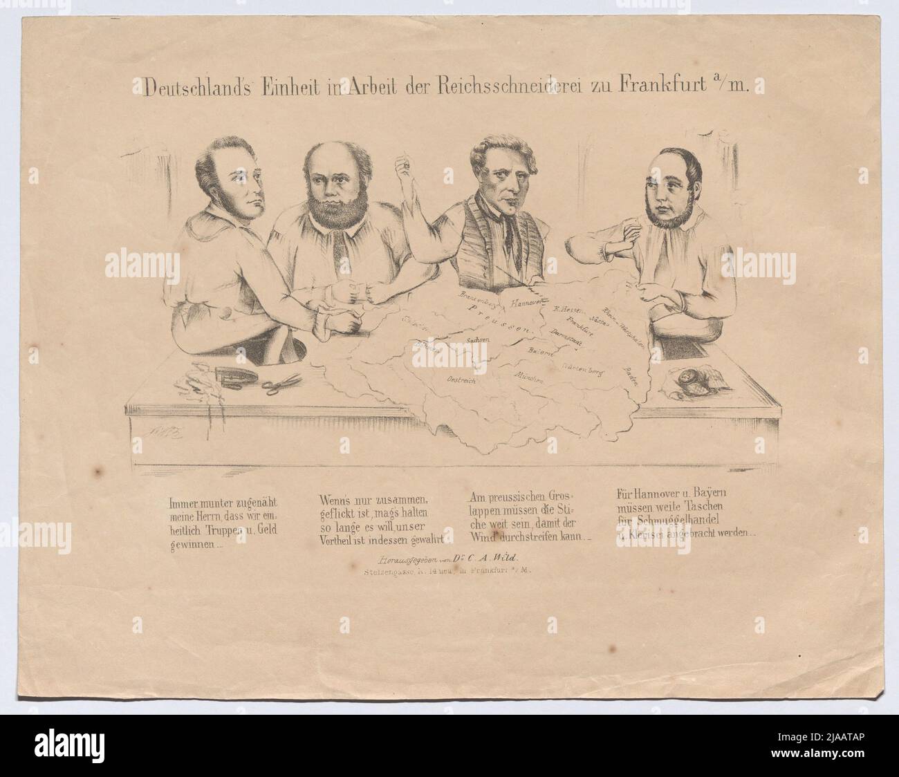 Germany's unity in the works of the Reichschneiderei zu Frankfurt a/M."  (Caricature on the National Assembly in Frankfurt 1848: (The President of  the National Assembly of Heinrich von Gagern, the Vice President,