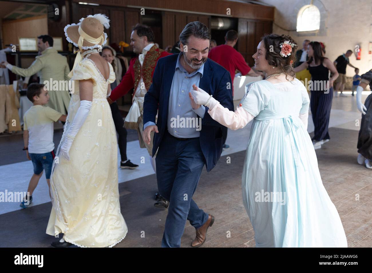 Prince Joachim Murat, 9th Prince Murat dance during a reconstitution of the Napoleonic era, focused around the Prince Joachim Murat, 1st Murat, in the Castle of Montigny-le-Gannelon in Cloyes-les-Trois-Rivieres on May 28, 2022. Photo by Raphael Lafargue/ABACAPRESS.COM Stock Photo