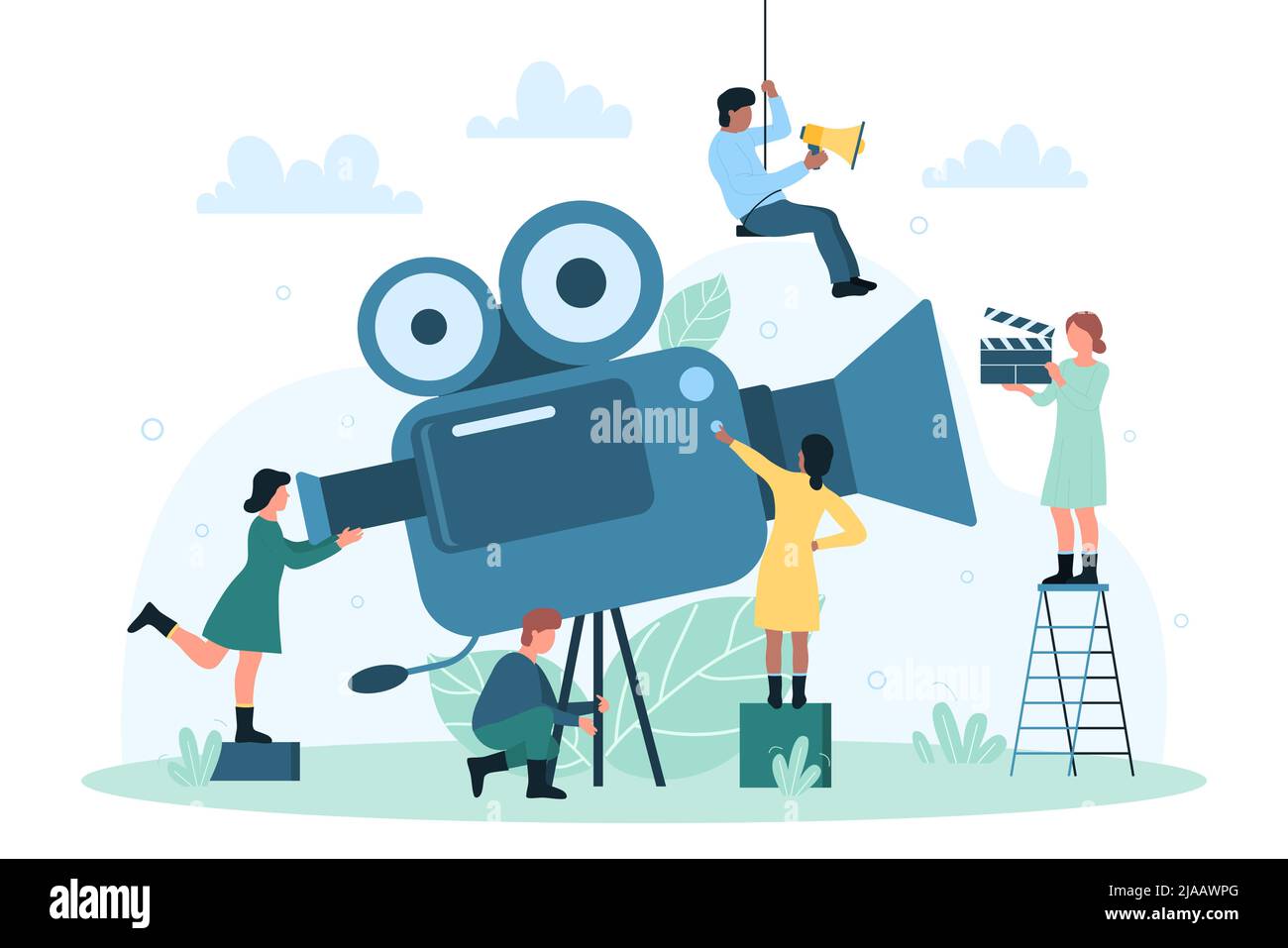Video recording process, cinema production. Cartoon professional team of tiny characters with clapperboard and camera making movie flat vector illustration. Videography, cinematography concept Stock Vector