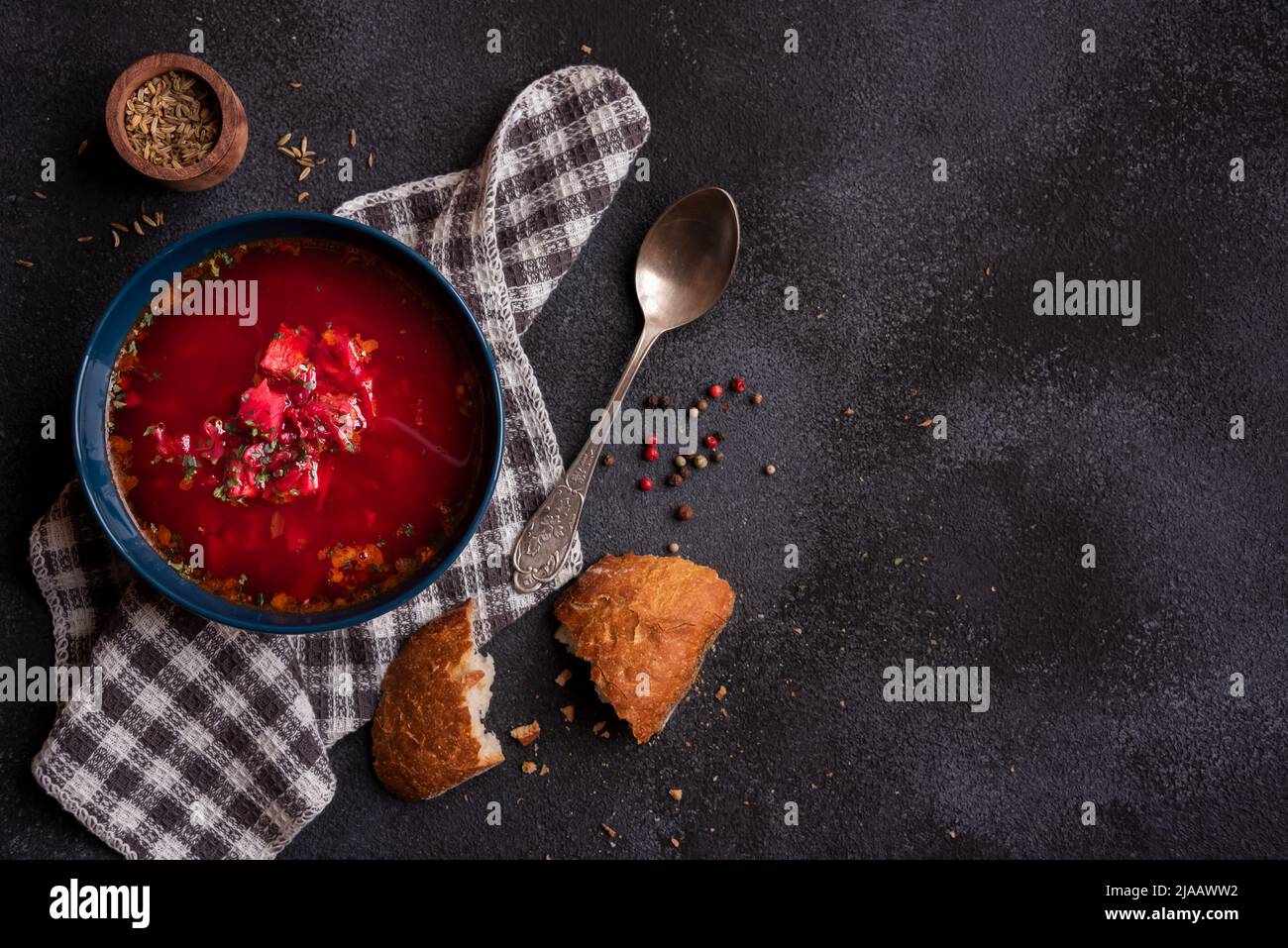 Red beetroot vegetable soup with bread, hot soup in a bowl Stock Photo ...
