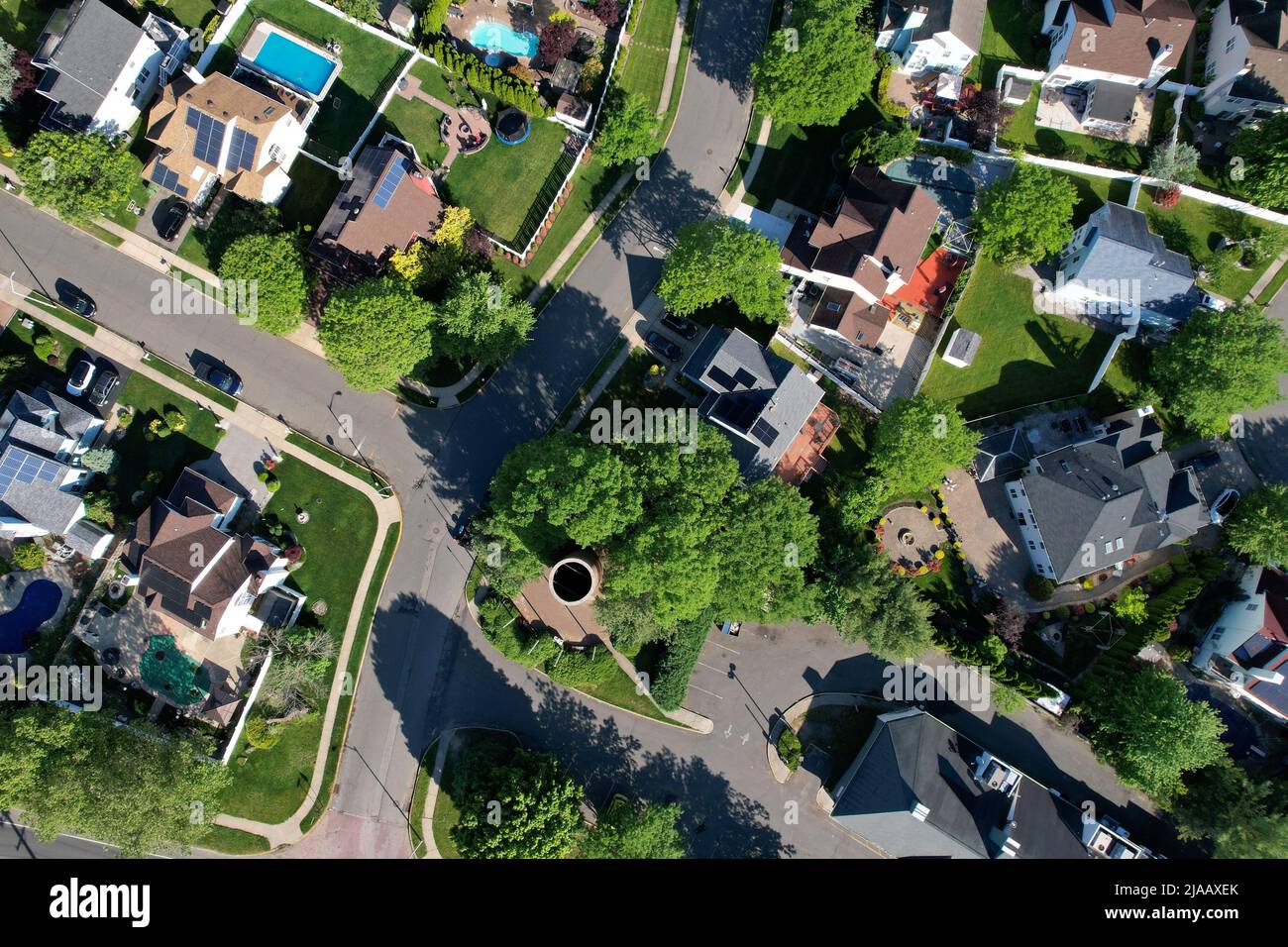 Aerial view of residential area in Sayreville, NJ Showing an old smokestack of the Sayre and Fisher Brick Company Stock Photo