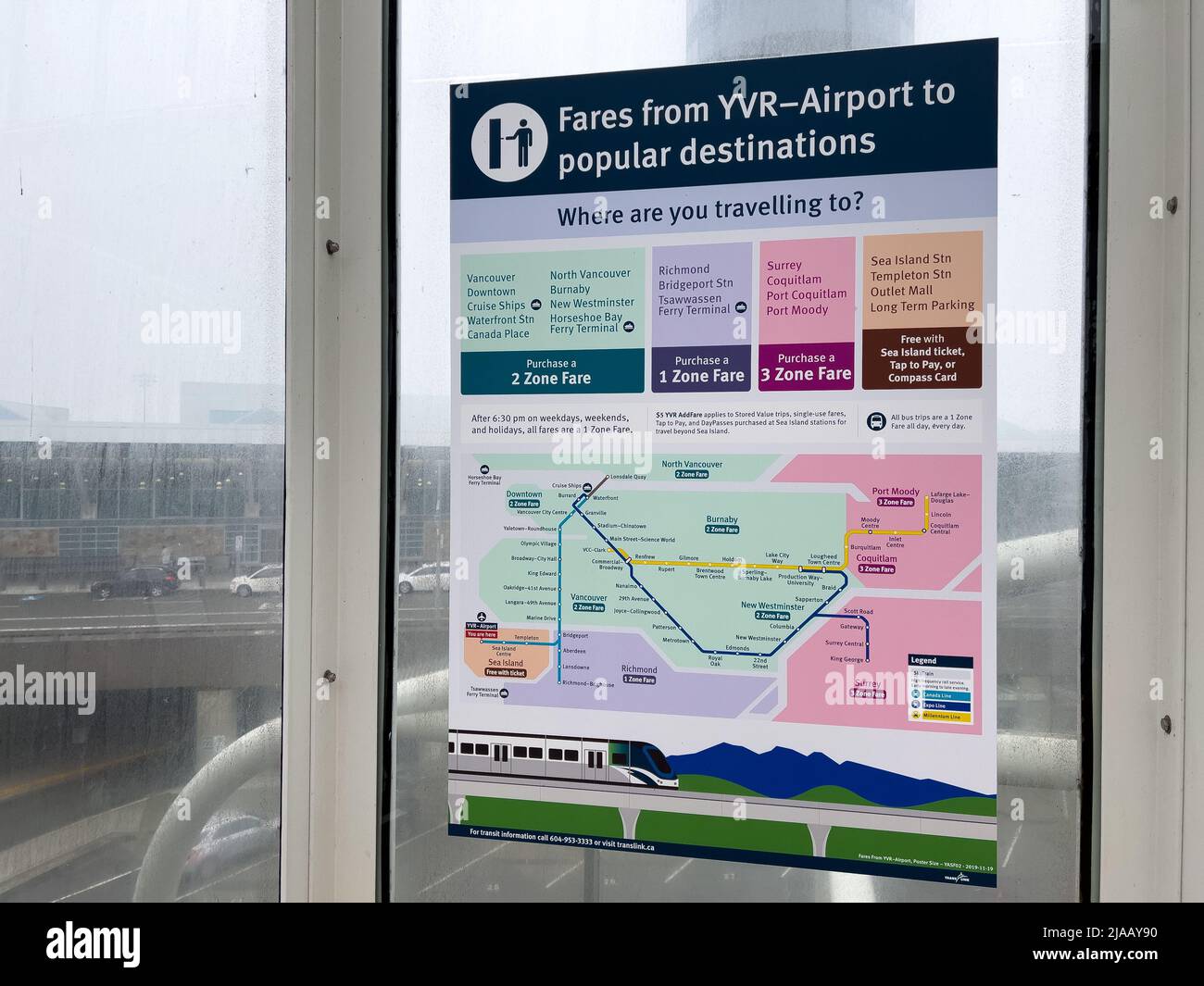 Vancouver,Canada January 15,2022 View of sign on a SkyTrain Station Fares from YVRAirport to