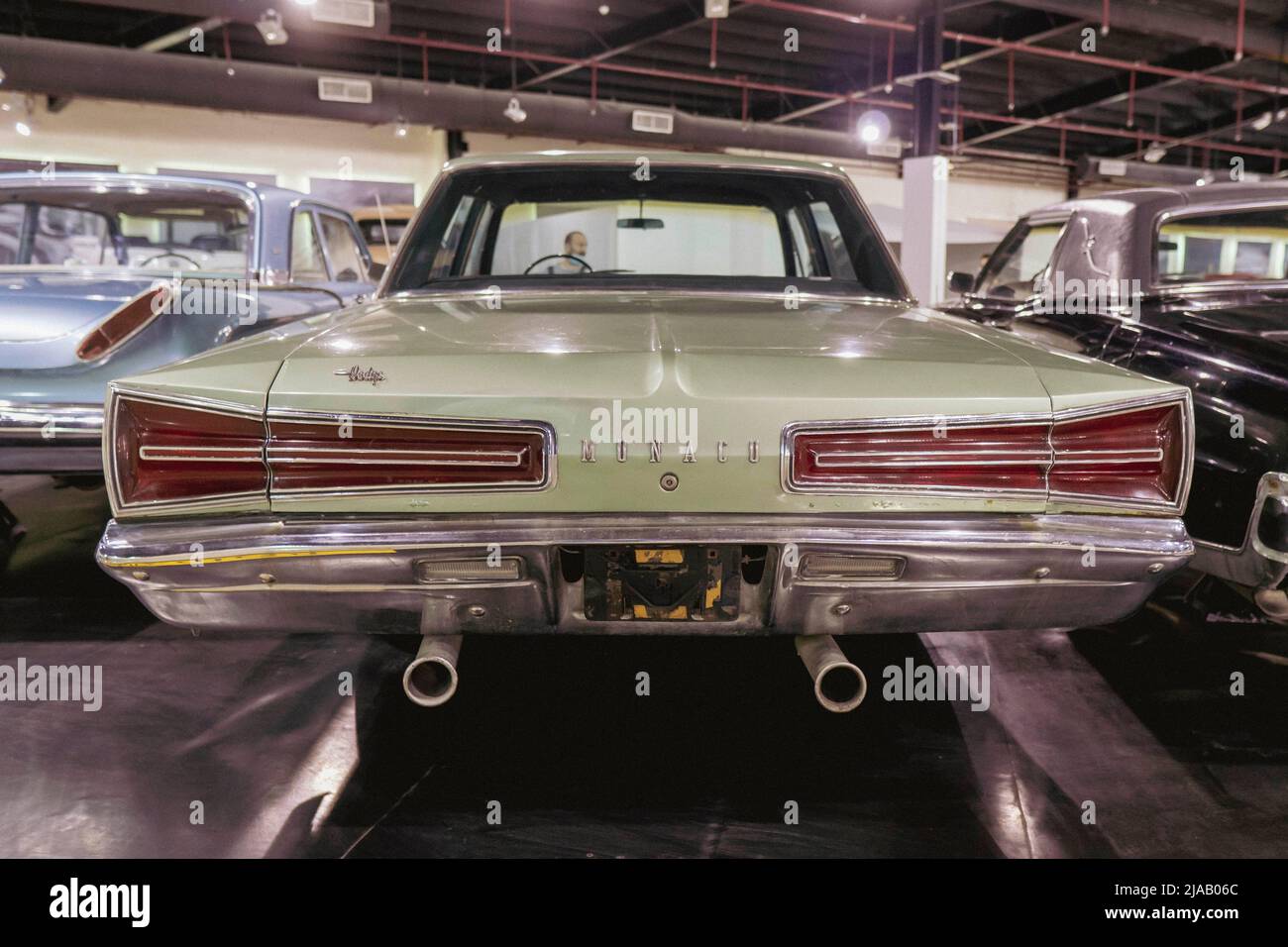 '7/31/2021 - Sharjah, UAE: 1966 Dodge Monaco an American Classic Green Car rear view. Stock Photo