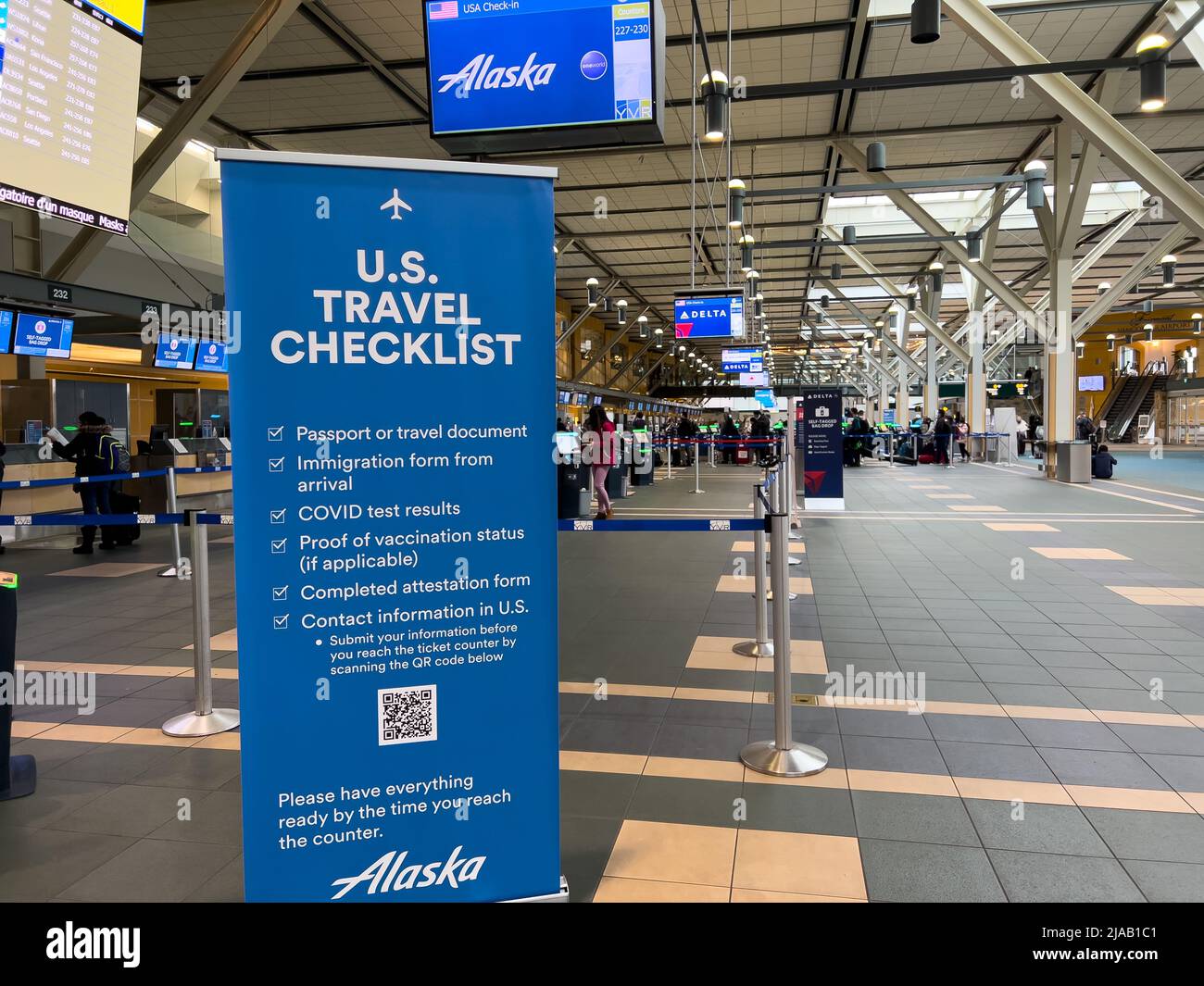 Vancouver, Canada - January 15,2022: View of information sign US Travel ...