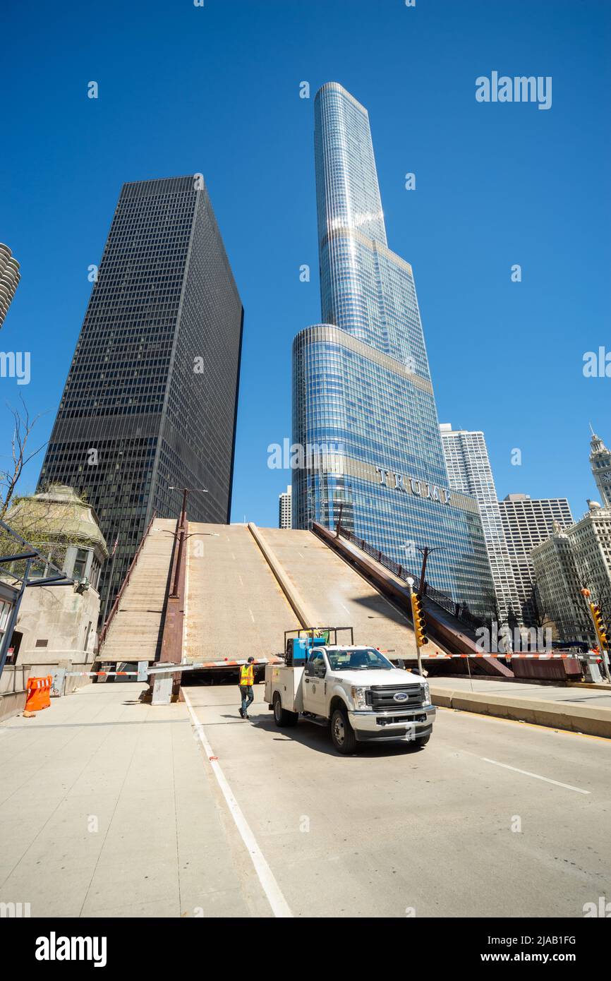 Chicago bridge lift in progress. The bridges can be lifted to allow