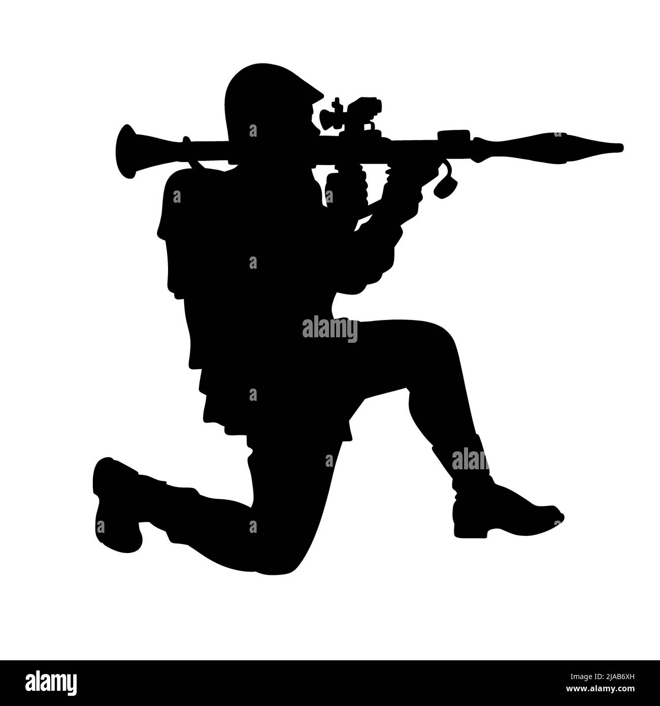 A veteran soldier shoots a bazooka or a grenade launcher at an enemy tank. A modern army. Silhouette of a brave warrior Stock Photo