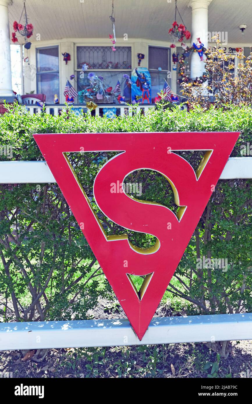 At 18, Jerry Siegel created Superman while a resident of the Glenville neighborhood in Cleveland, Ohio where signs outside his childhood home stand. Stock Photo