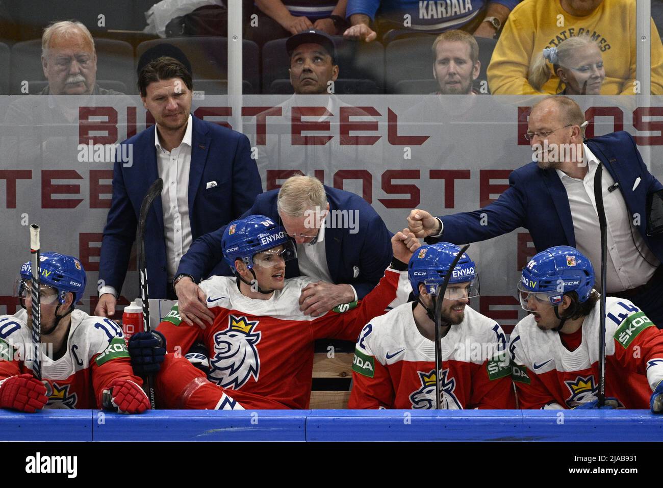 Tampere, Finland. 29th May, 2022. Czech national hockey team celebrate