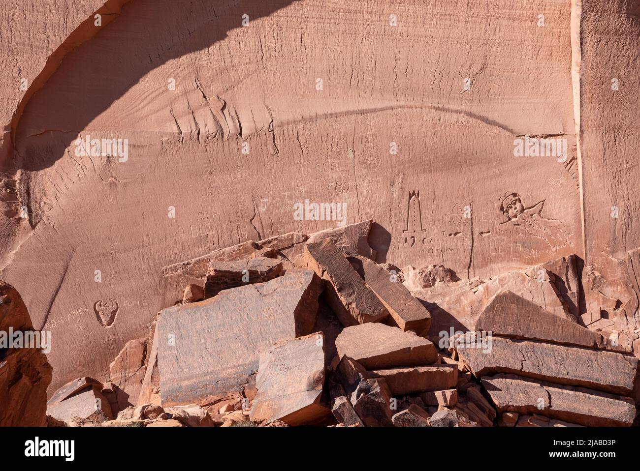 Inscriptions on canyon wall, Labyrinth Canyon, Utah. Stock Photo