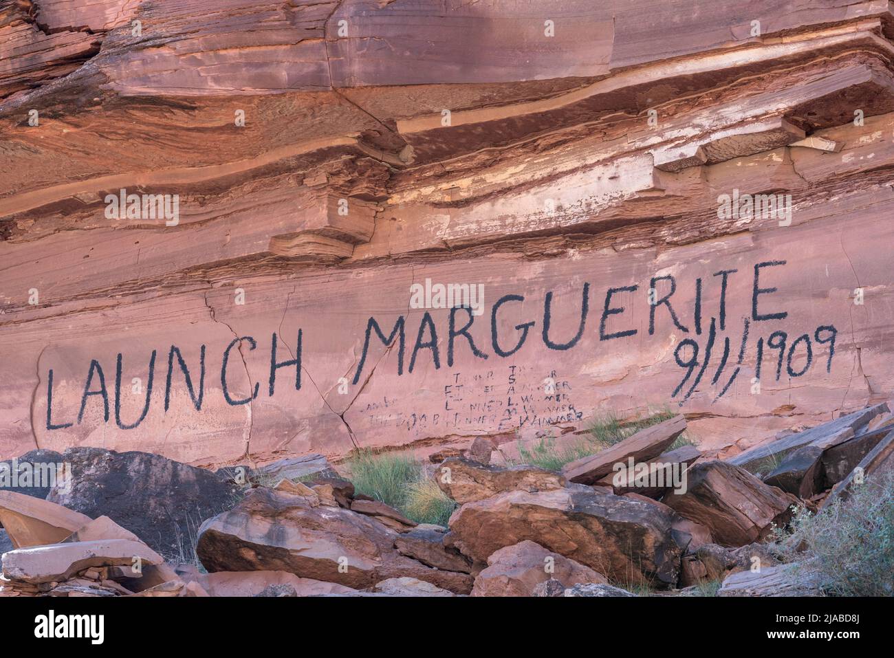 Launch Marguerite inscription along the Green River, Utah. Stock Photo