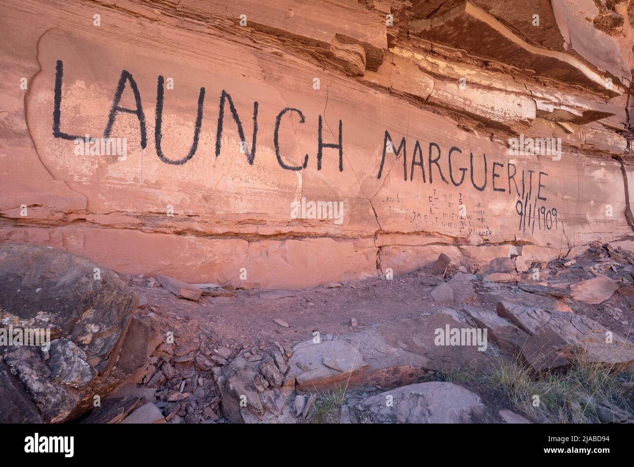 Launch Marguerite inscription along the Green River, Utah. Stock Photo