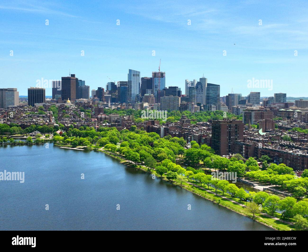 Boston financial district modern city skyline aerial view with Charles River, Beacon Hill historic district and Charles River Esplanade in Boston, Mas Stock Photo