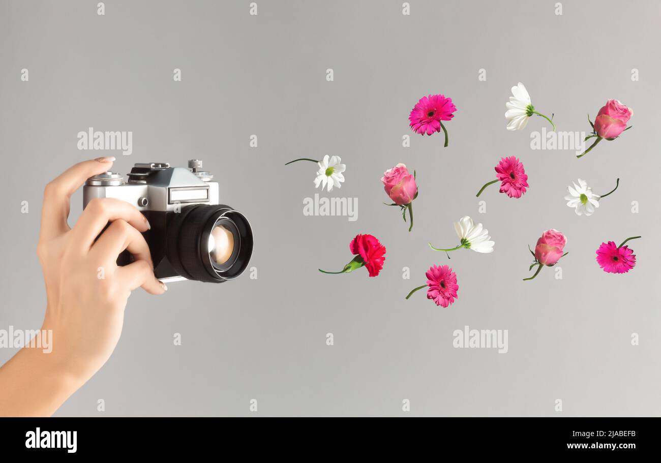 Floral composition with colorful flowers and old camera on grey background. Retro Valentine's Day or 8 March background. Stock Photo