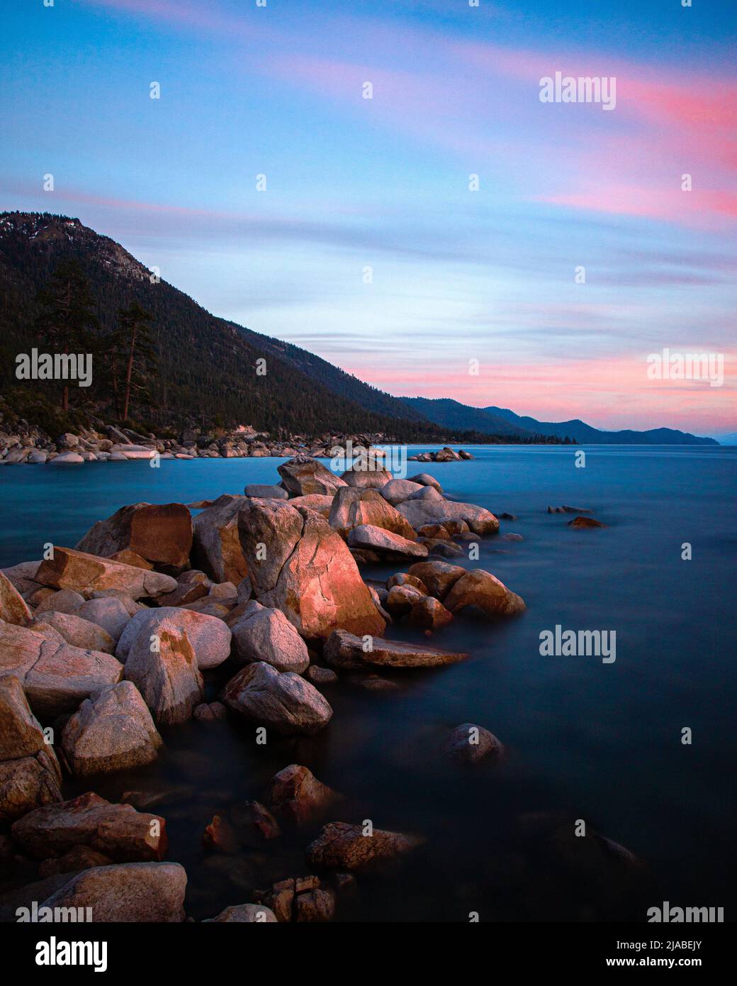 Lake Tahoe in the evening - Photographed on the northern end between Kings Beach and Sand Harbor. Stock Photo