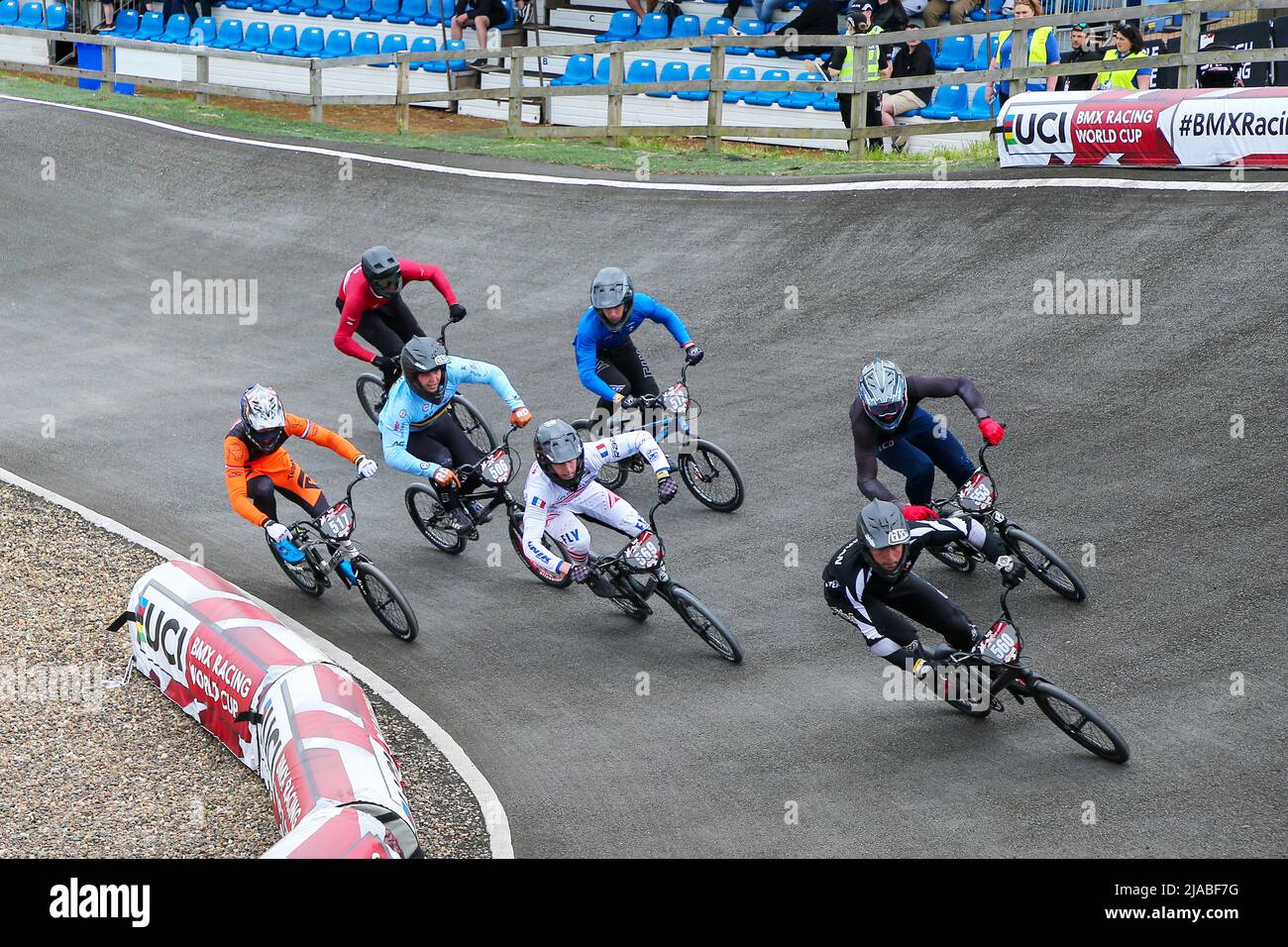 Glasgow, UK. 29th May, 2022. On the second and final day of the UCI BMX Racing world Cup, an international field of male and female competitors race for the title. The event was a 'sell out' and made more pleasurable by the warm sunny weather. Credit: Findlay/Alamy Live News Stock Photo