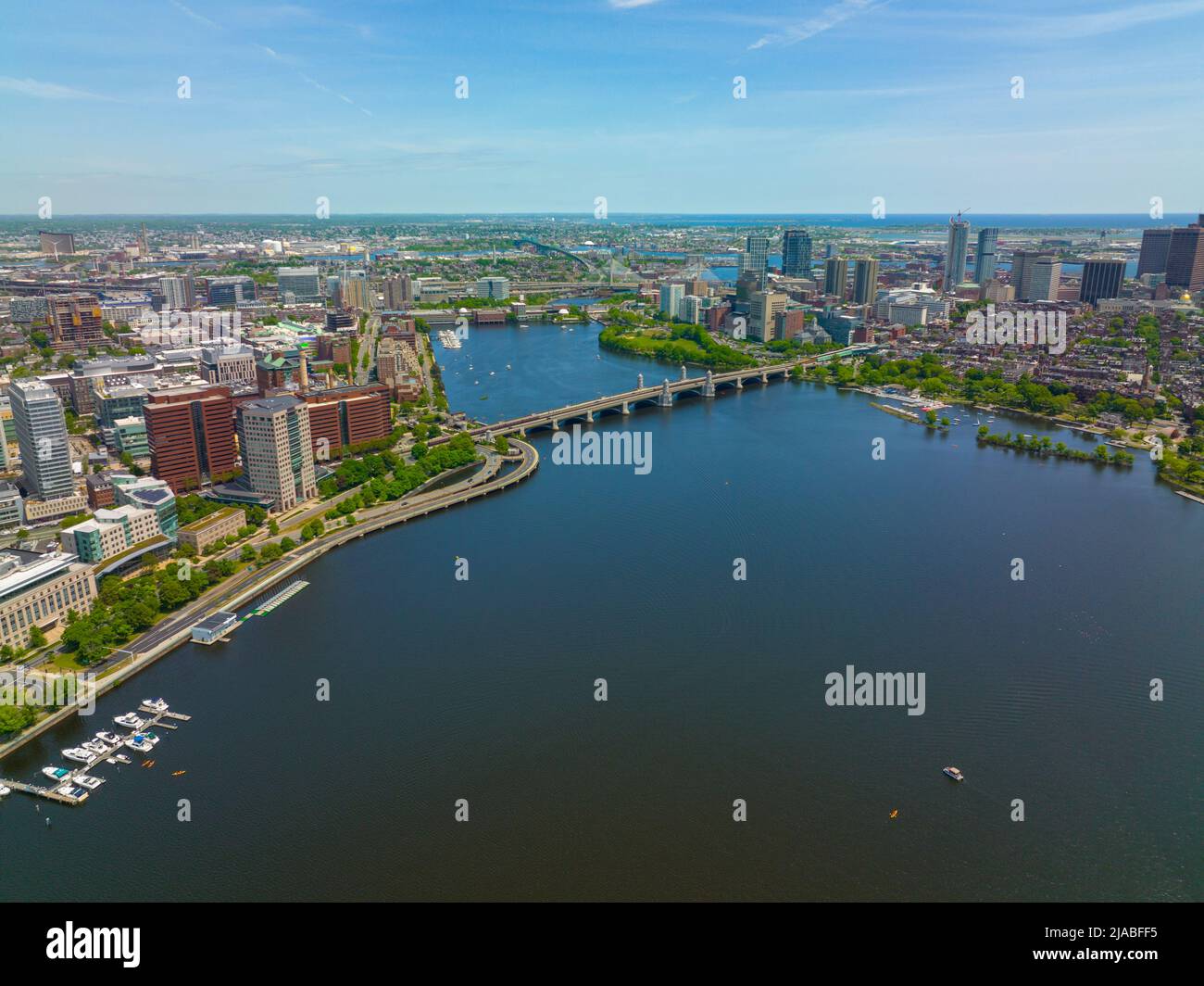 Boston Longfellow Bridge on Charles River aerial view that connects