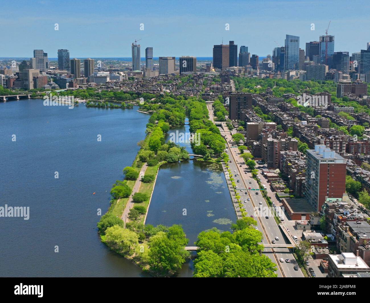 Boston financial district modern city skyline aerial view with Charles