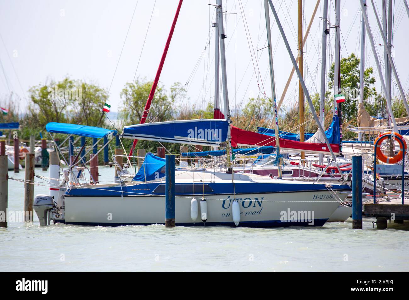 Sailboats in the marina of Badacsony (Lake Balaton, Hungary, May 24, 2022) Stock Photo