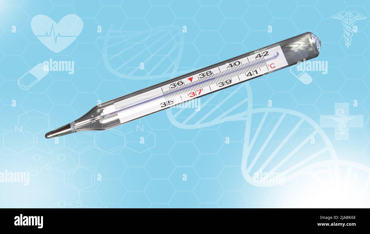 Analog clinical thermometer, mercury free, calibrated in degrees centigrade indicating a temperature of 38.5 degrees centigrade. Fever or illness conc Stock Photo