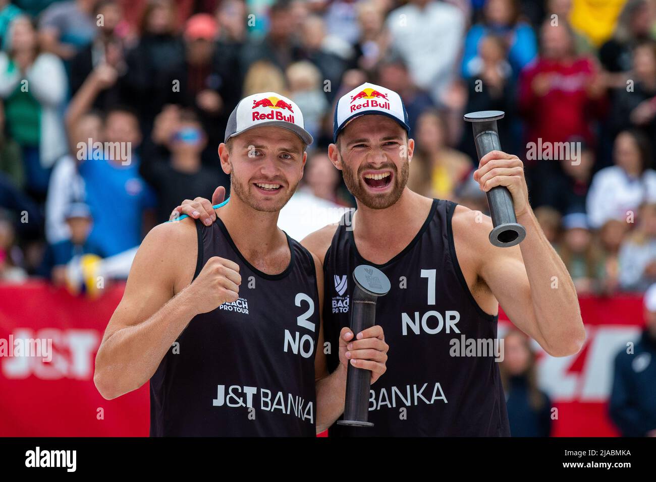 Ostrava, Czech Republic. 29th May, 2022. Christian Sandlie Sorum, Anders Berntsen Mol of Norway with trophy after the Pro Tour beach volleyball tournament of Elite category match in Ostrava, Czech Republic, May 29, 2022. Credit: Vladimir Prycek/CTK Photo/Alamy Live News Stock Photo