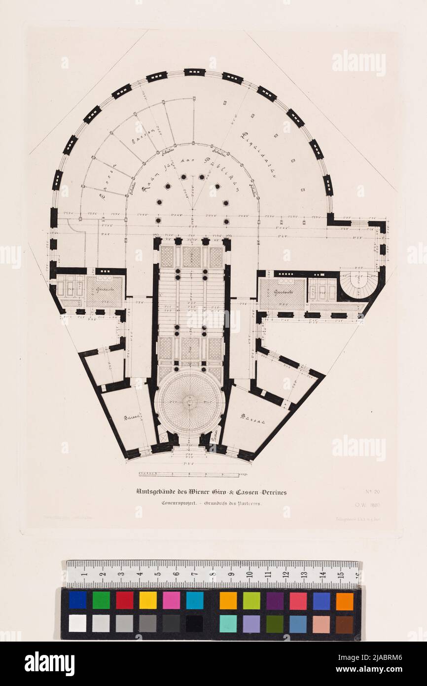 Official buildings of the Viennese Giro- & Cassen-Verein / ConcurProject. - Grundriß of the ground floor. '. Official building of the Vienna Giro and Cassen-Association, competition project, floor plan (some Scizzen Vol. 1, Bl. 20). Otto Wagner (1841-1918), architect Stock Photo