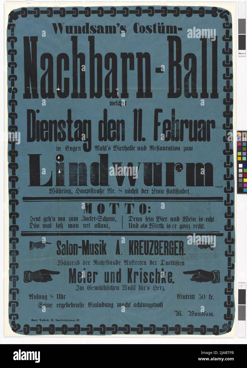 Poster for "Wundsam's Costüm-Nachbarn-Ball" in Eugen Uhl's "Beer Hall and Restoration of the Lindwurm" on February 11, 1879. Unknown Stock Photo