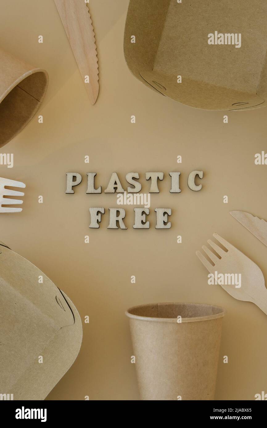 PLASTIC FREE text around Eco friendly, disposable, recyclable