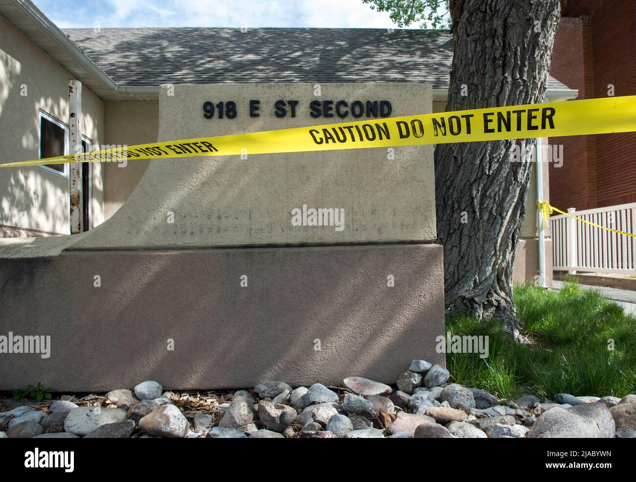 Casper, Wyoming, USA. 29th May, 2022. Police tape surrounds the site of a new women's health and abortion clinic, which was the target of suspected arson and vandalism last week. Operated by Wellspring Health Access and expected to open in June, the facility would be Wyoming's first surgical abortion clinic. The state and surrounding states comprise an ''abortion desert'' with limited to no access for hundreds of miles. Currently, Wyoming state law provides that women may get a doctor-prescribed medication abortion, but only in the first 10 weeks of preganancy, when many women do not even kn Stock Photo