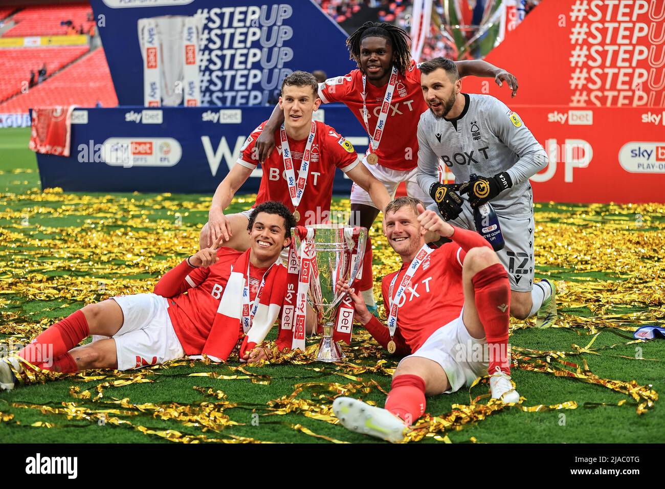 London, UK. 29th May, 2022. Brennan Johnson #20 of Nottingham Forest, Ryan  Yates #22 of Nottingham Forest, Alex Mighten #17 of Nottingham Forest,  Jordan Smith #12 of Nottingham Forest and Joe Worrall #