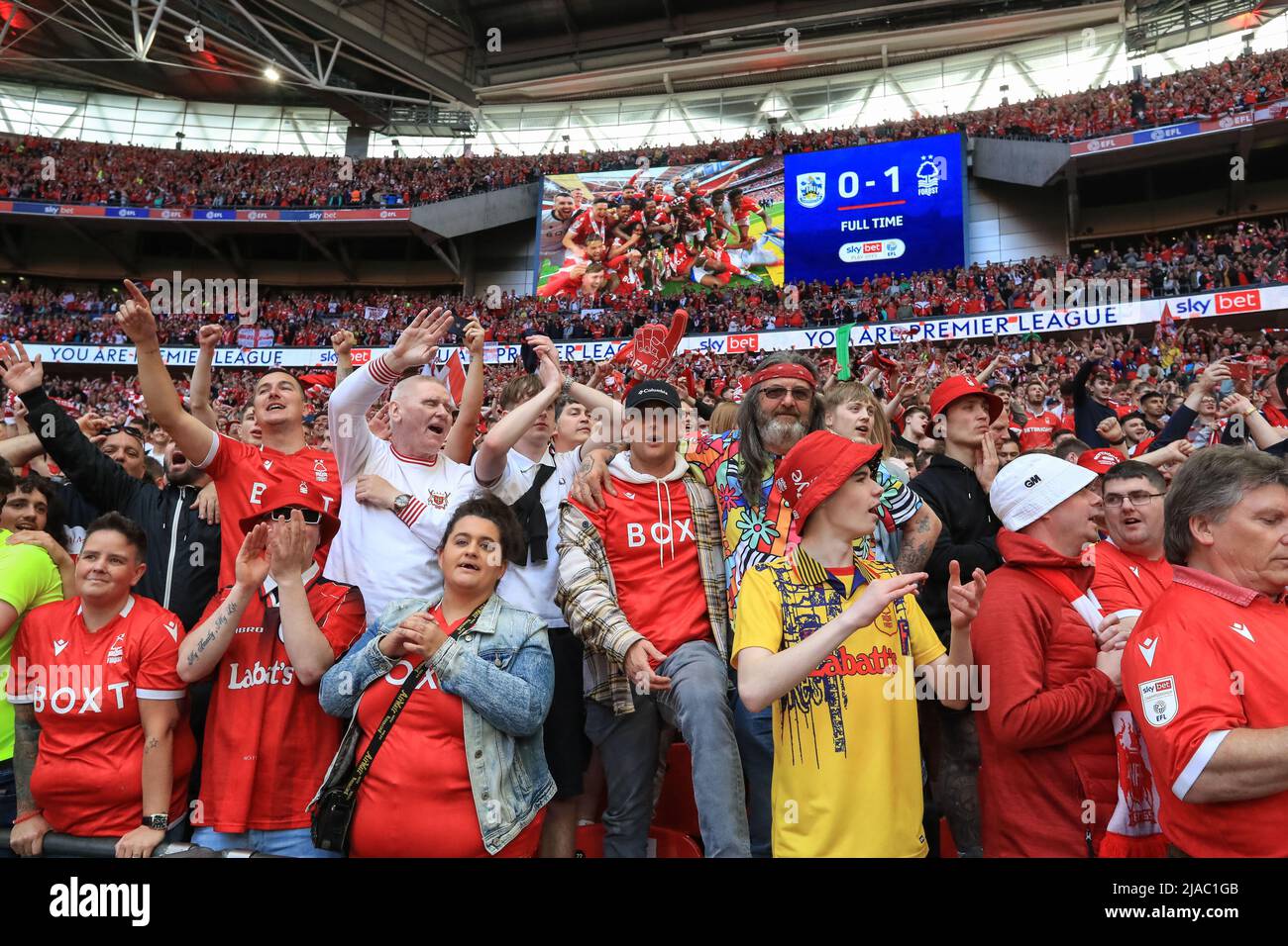 Nottingham Forest fans celebrate the 01 win as they are promoted to the Premier League Stock