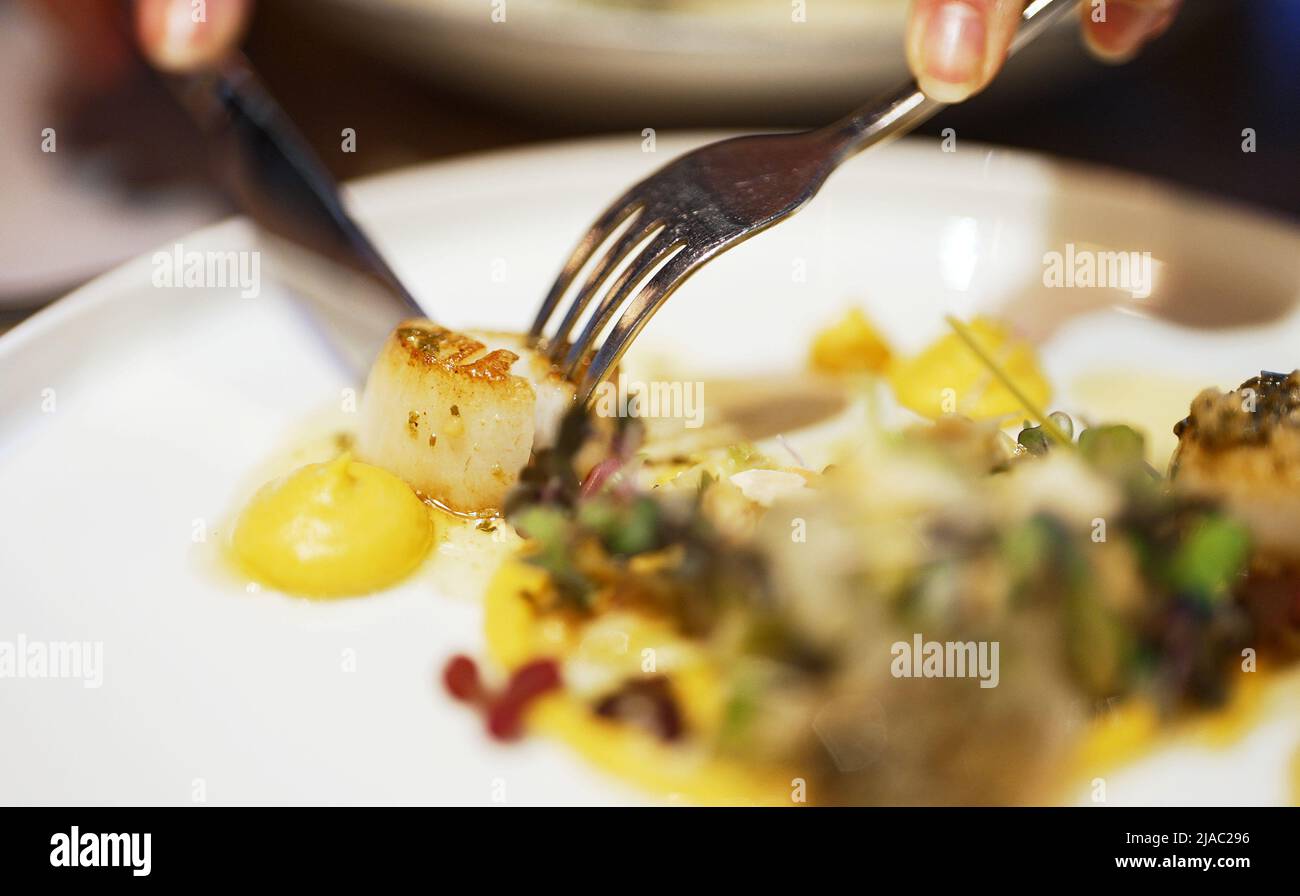 Woman eats scallops in a restaurant Stock Photo Alamy