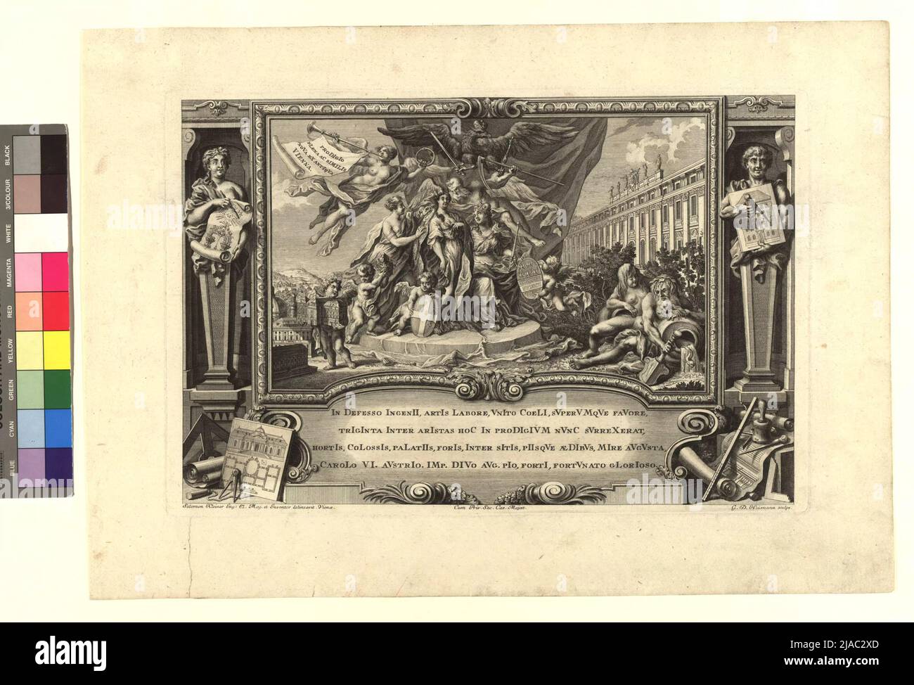 Allegory in Vienna, from: True and accurate illustration (...), 3rd part. After: Salomon Kleiner (1700-1761), Drawer, Georg Daniel Heumann (1691-1750), Copper Engraver, Johann Andreas d. Ä. Pfeffel (1674-1748), publisher Stock Photo