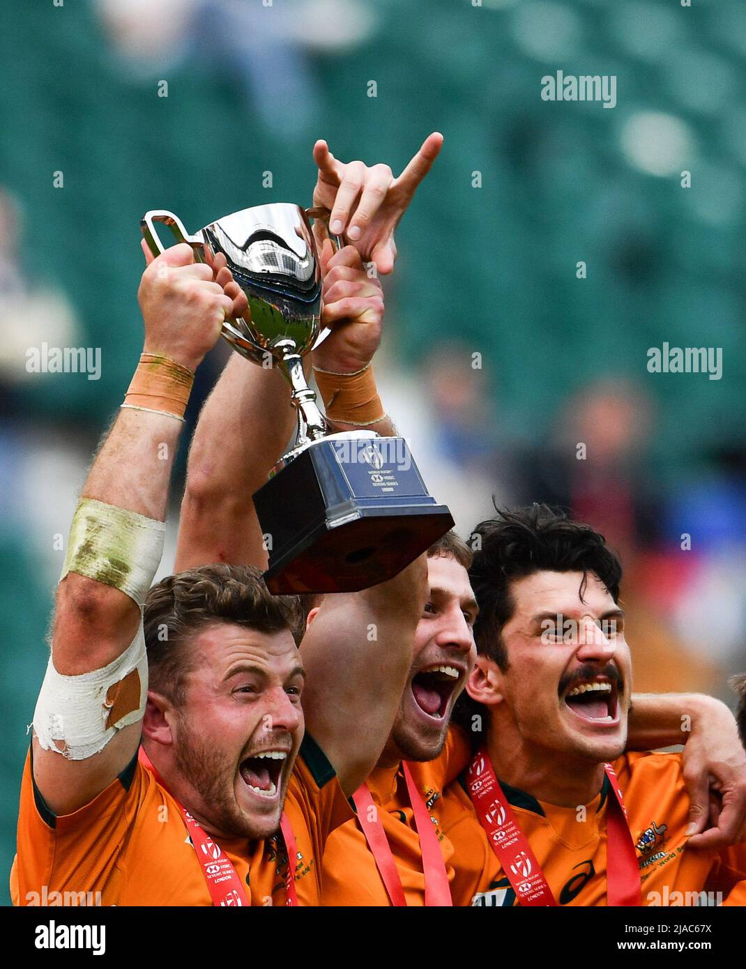HSBC World Rugby Sevens Series Final, Twickenham Stadium, England, UK. 29th May, 2022. Nick Malouf of Australia lifts the trophy after their extra time victory in the HSBC World Rugby Sevens Series Final between Australia 7s and New Zealand 7s: Credit: Ashley Western/Alamy Live News Stock Photo