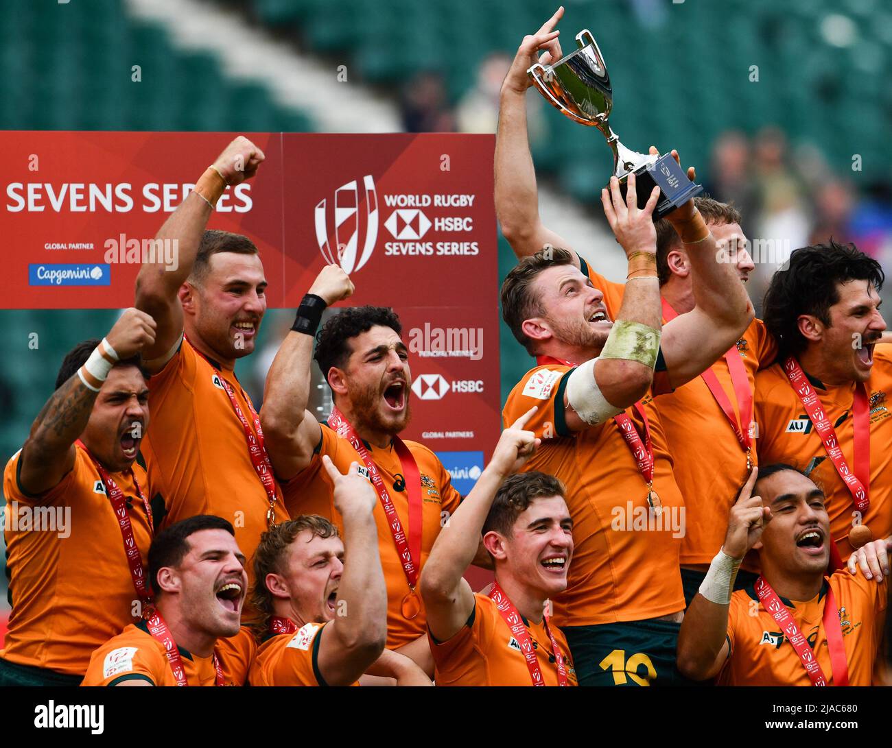 HSBC World Rugby Sevens Series Final, Twickenham Stadium, England, UK. 29th May, 2022. Nick Malouf of Australia lifts the trophy after their extra time victory in the HSBC World Rugby Sevens Series Final between Australia 7s and New Zealand 7s: Credit: Ashley Western/Alamy Live News Stock Photo