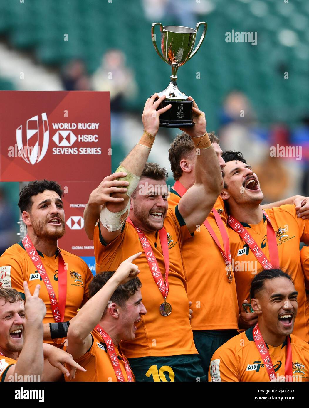 HSBC World Rugby Sevens Series Final, Twickenham Stadium, England, UK. 29th May, 2022. Nick Malouf of Australia lifts the trophy after their extra time victory in the HSBC World Rugby Sevens Series Final between Australia 7s and New Zealand 7s: Credit: Ashley Western/Alamy Live News Stock Photo