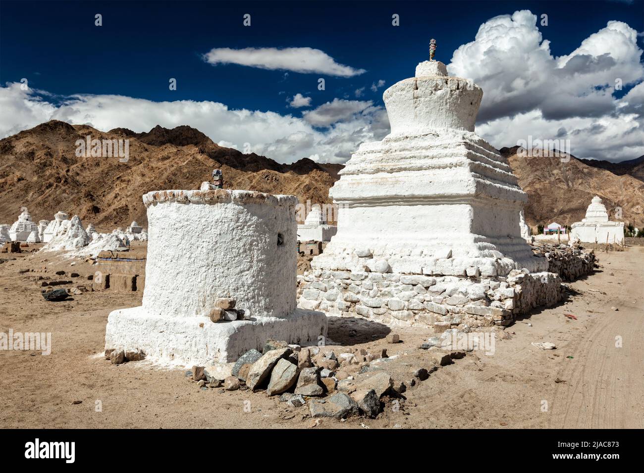 White chortens stupas near Shey, Ladakh, India Stock Photo