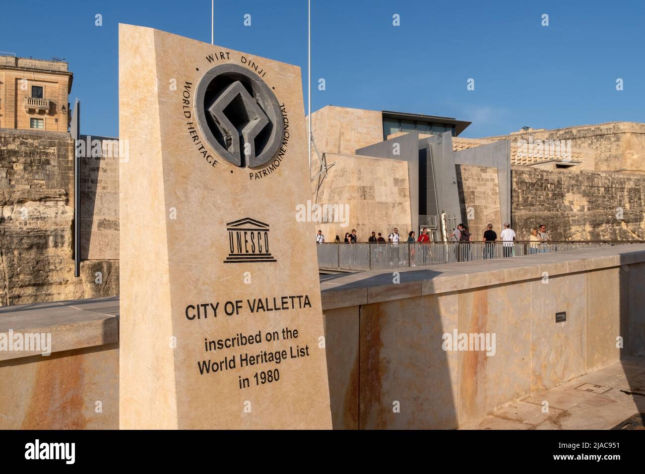 Valletta City Gate and World Heritage Sign, Malta Stock Photo