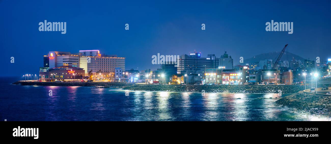 Jeju resort town illuminated in night, Jeju island, South Korea Stock Photo