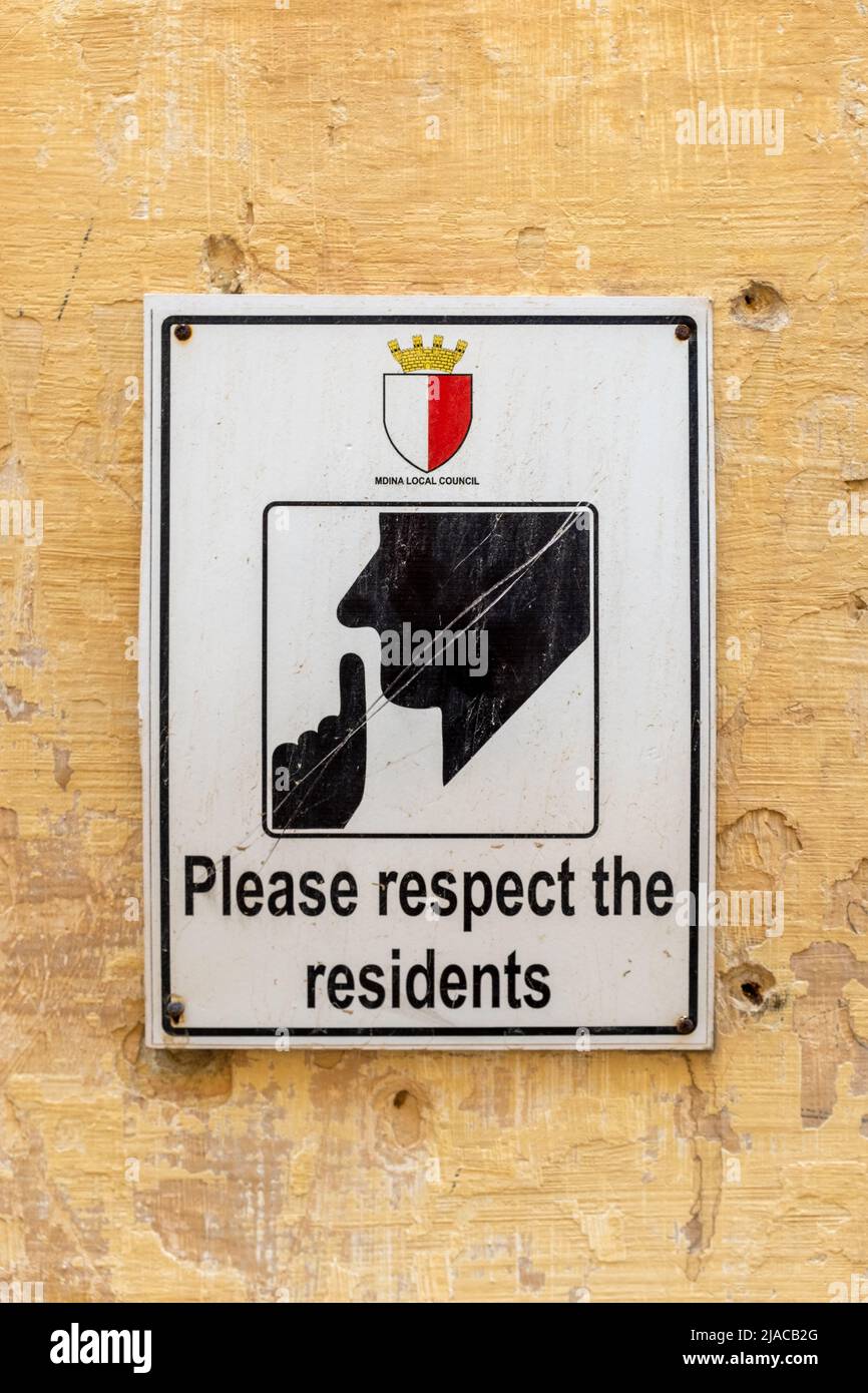 Please Respect The Residents Sign, Mdina, Malta Stock Photo