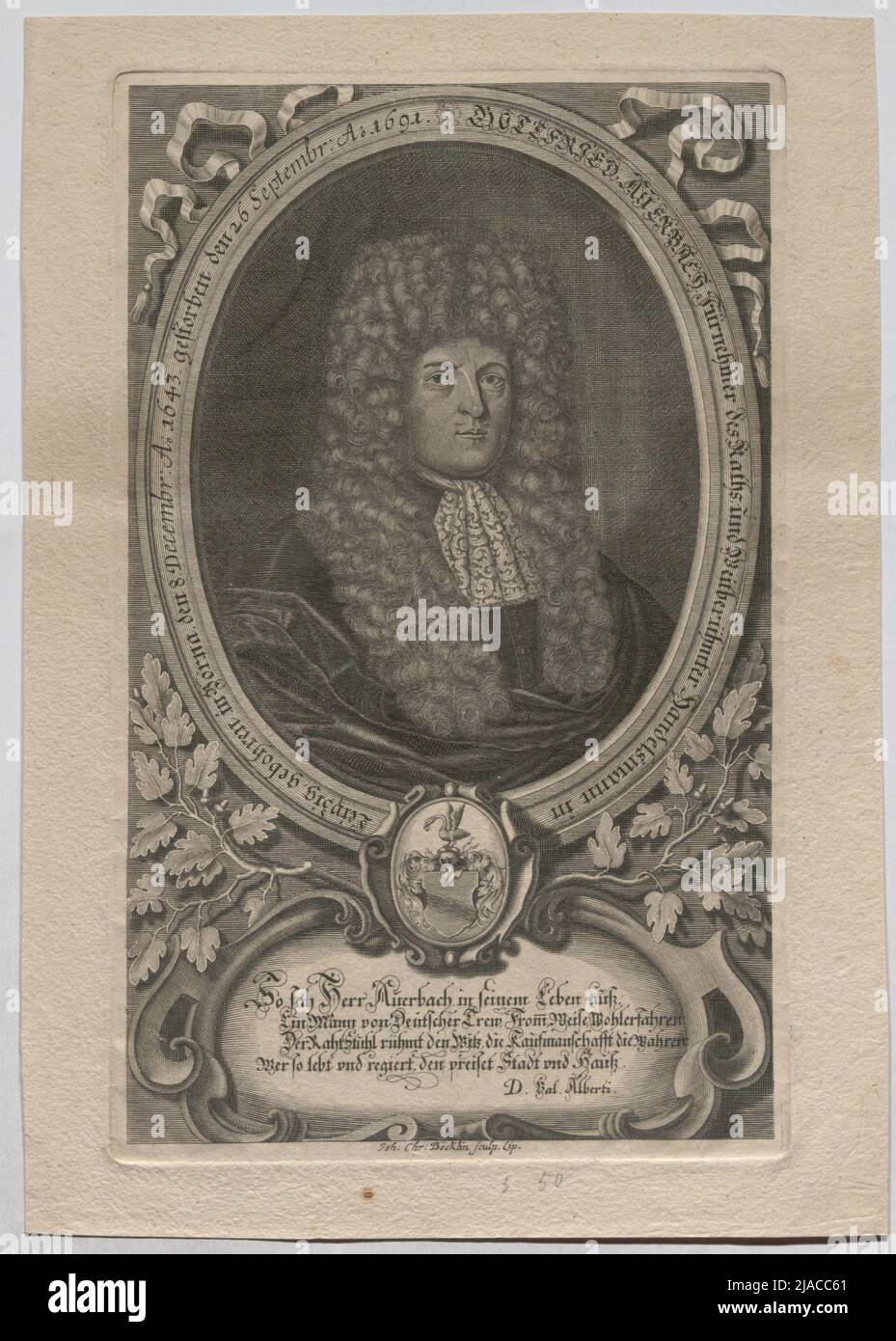 Gottfried Auerbach Fürler of the Raths and a widely famous merchant in Leipzig, born in Borna, (...) 1643, died (...) 1691 '. Gottfried Auerbach. Johann Christoph Böcklin (also Boecklin) (1657-1709), Copper Engraver Stock Photo