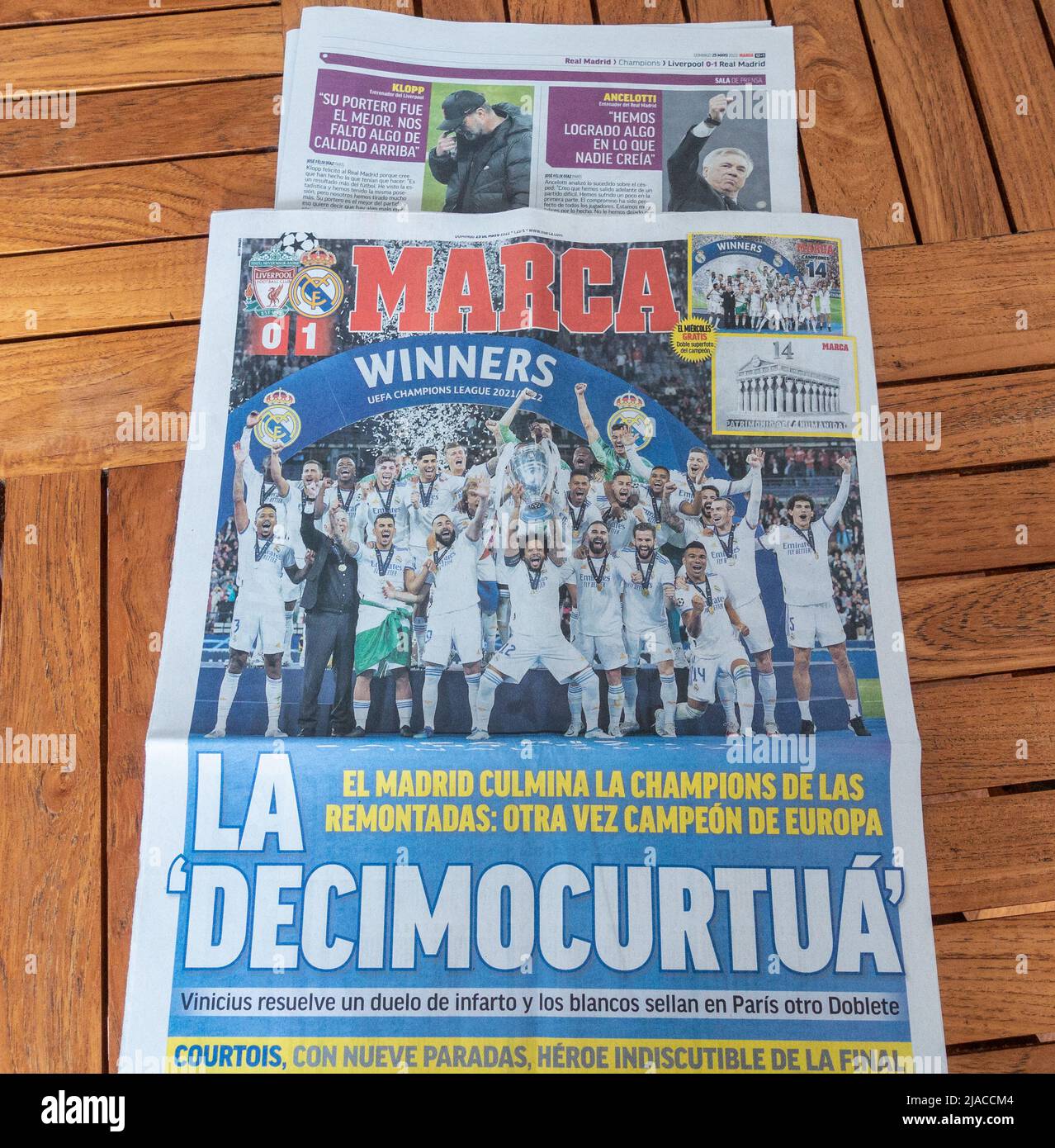 Spain's sports newspaper, Marca, celebrates the Real Madrid v Liverpool Champions league final in Paris. Stock Photo