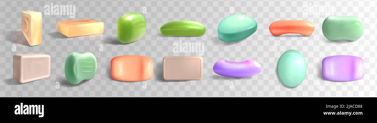 3d vector realistic colorful solid soap bars. Cosmetic product for hygienic cleanser skincare and washing hands mock up top and side view isolated on transparent background. Hygiene toiletries ad. Stock Vector