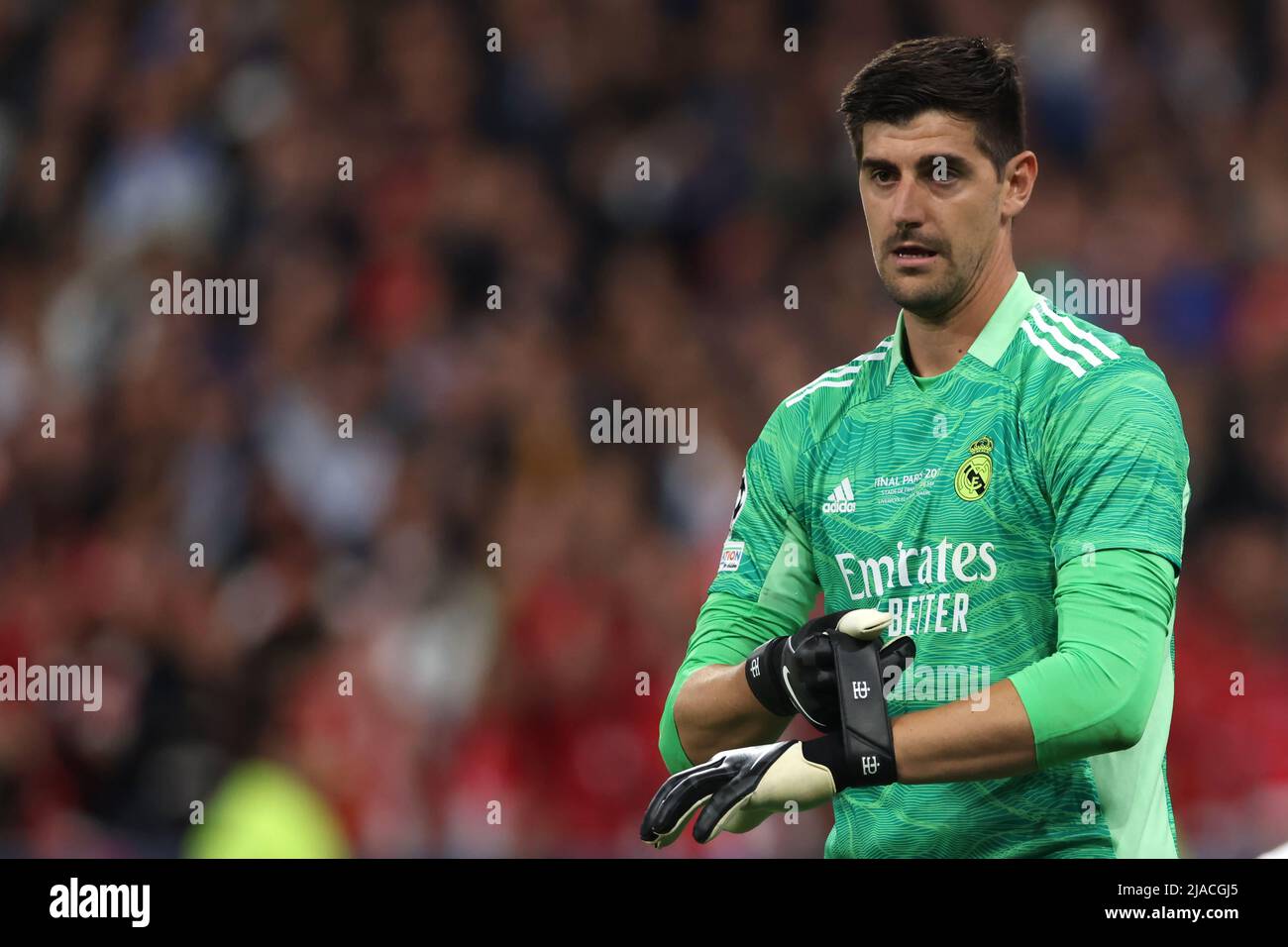Paris France 28th May 2022 Thibaut Courtois Of Real Madrid Adjusts paris-france-28th-may-2022-thibaut-courtois-of-real-madrid-adjusts