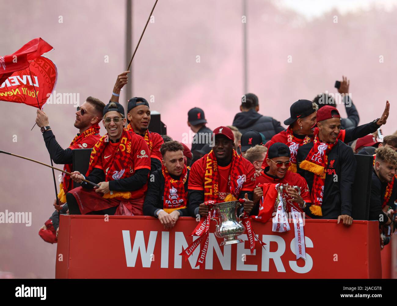 zz29th May 2022; Liverpool, Merseyside, England; Liverpool FC 2021-22 Victory Parade; Ibrahima Konate of Liverpool holds the FA Cup Stock Photo