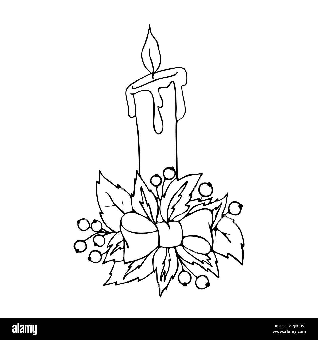 black and white graphic isolated element, christmas design burning candle leaves and holly berries, coloring family ,outline drawing Stock Vector
