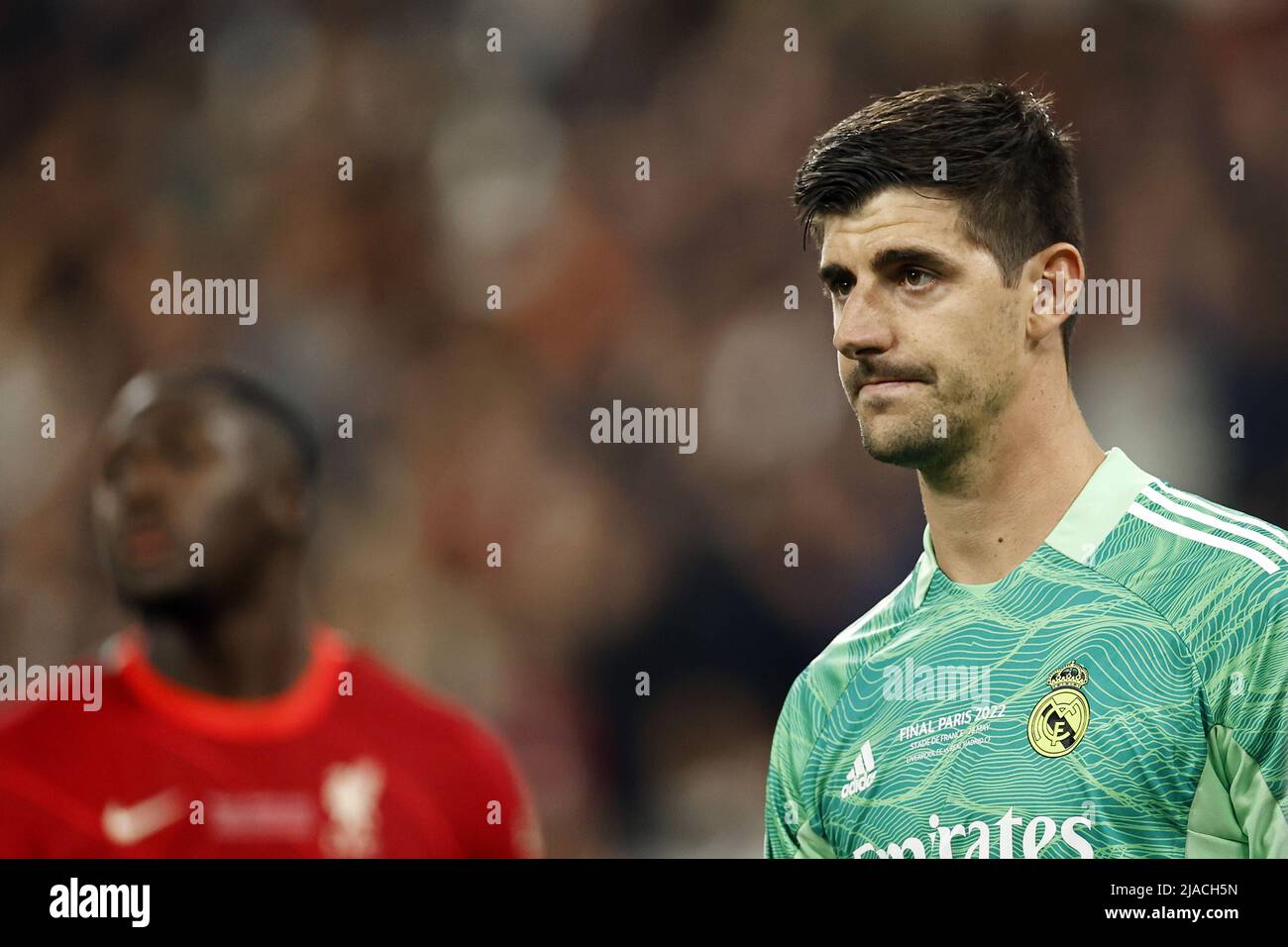 PARIS - Real Madrid goalkeeper Thibaut Courtois during the UEFA Champions League final match between Liverpool FC and Real Madrid at Stade de Franc on May 28, 2022 in Paris, France. ANP | DUTCH HEIGHT | MAURICE VAN STONE Stock Photo