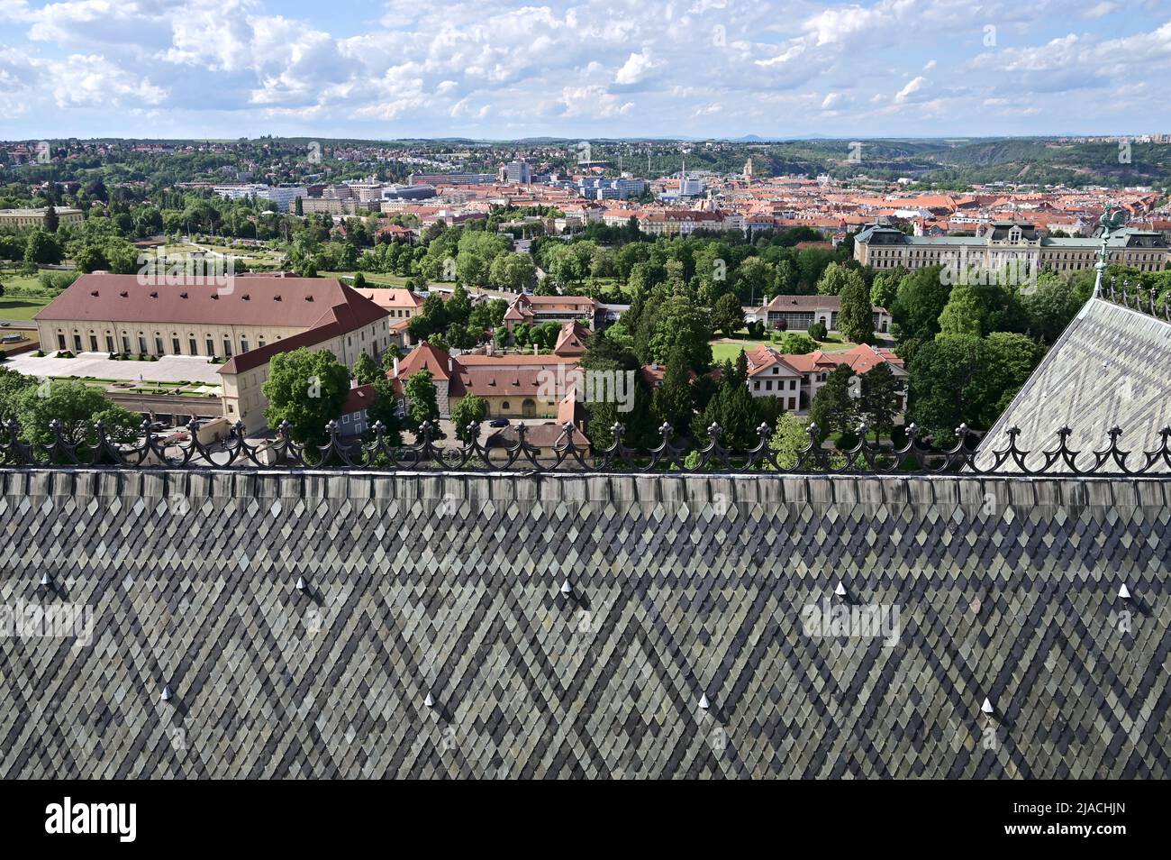 An image of Prague's gothic roof framed against its expansive cityscape. Stock Photo