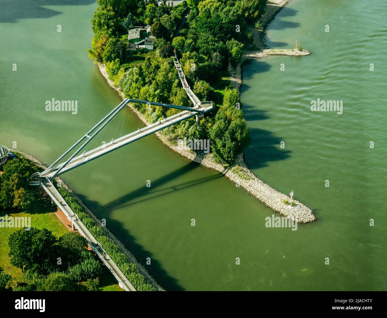 Aerial view of Rhine river with bridge and peninsula Stock Photo