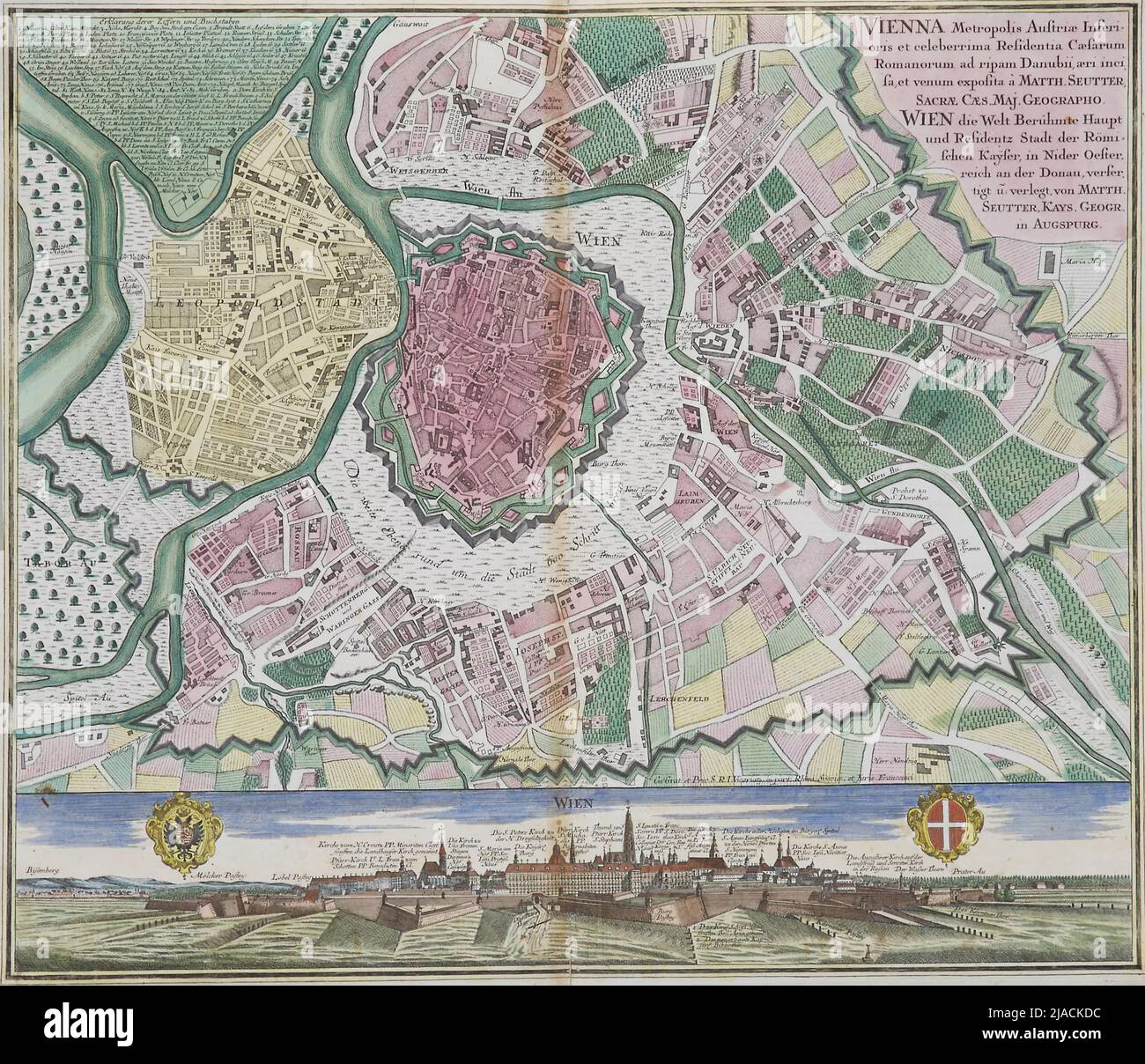 Vienna Metropolis Austria (...)/Vienna the world famous Haupt and Residential City of the Römi =/Schen Kayser, in Nider Austria on the Danube, (...) '. Plan of the City of Vienna with overall view (Panorama) from southwest. Matthäus Seutter (1678-1757), drawer Stock Photo